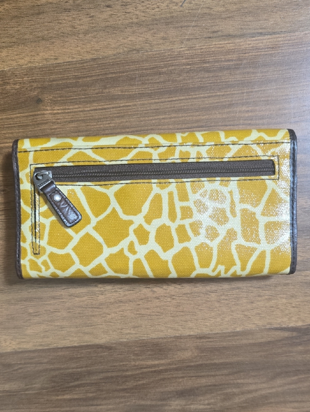 FOSSIL Wallet Tri-fold KEY-PER Coated Canvas Giraffe Print Brown Leather Trim - Picture 3 of 11